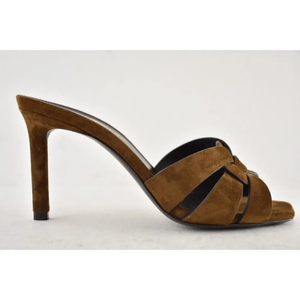 Saint Laurent Tribute 85 Mule Sandal Land Brown Suede Backless Heel Pump 40.5 - Picture 2 of 15